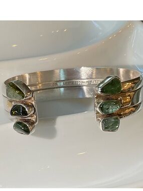 Lilly Barrack Sterling Open Faced Cuff Bracelet Green Gemstone End Caps, 14k
